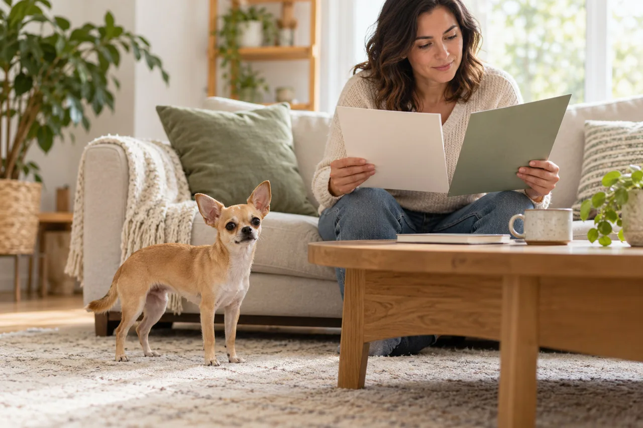 An owner holding a folder beside a small tan dog on a sofa